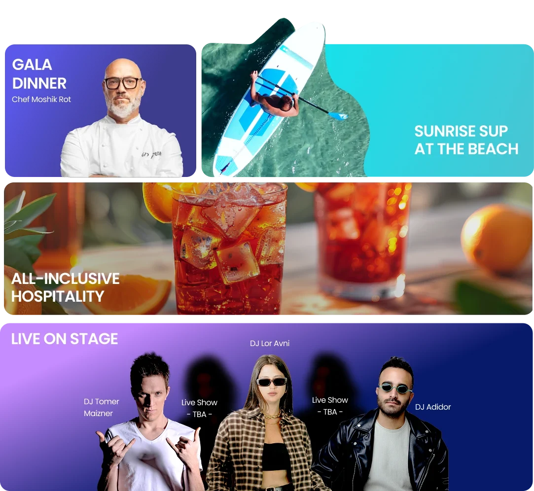 Gala dinner by Chef Moshik Rot, sunrise SUP at the beach, all-inclusive hospitality and live on stage performances