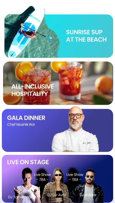 Sunrise SUP at the beach, all-inclusive hospitality, gala dinner by Chef Moshik Rot and live on stage performances
